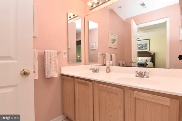 a bathroom with a double vanity sink and mirror