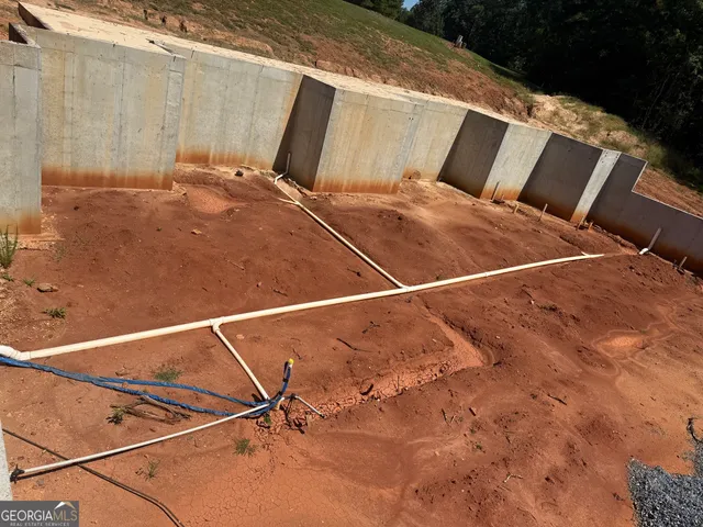 a blue and white view of a backyard