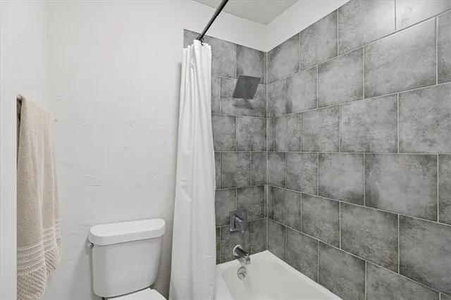 a bathroom with a shower and toilet