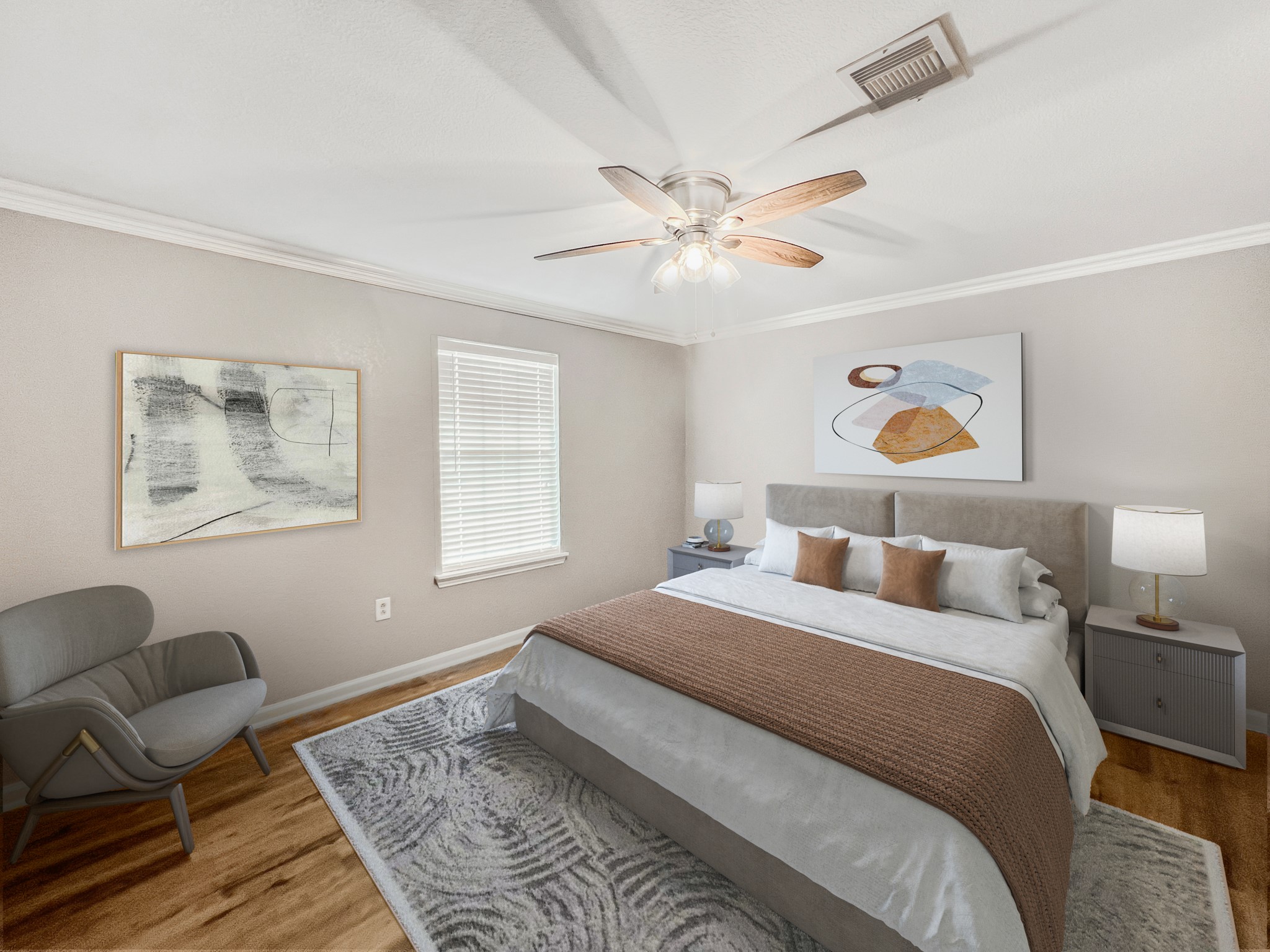 9731 Hadden Road Baytown, TX 77521 - Photo 37 of 42 This bedroom features a modern design with a comfortable bed, stylish artwork, and a ceiling fan. It has hardwood floors, a cozy armchair, and plenty of natural light from the window.