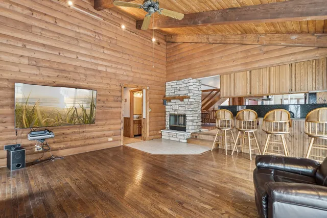 a view of a fireplace in the room