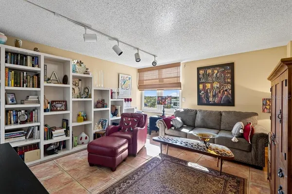 a living room with furniture and a book shelf