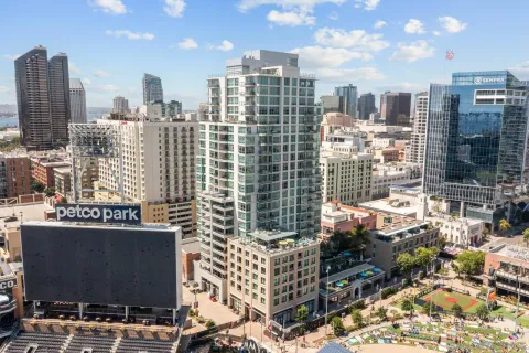 a view of a city with tall buildings