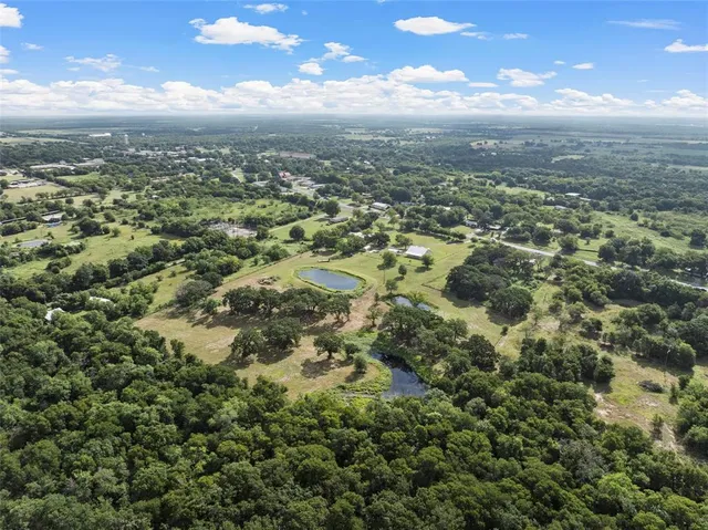 an aerial view of residential houses with city and green space