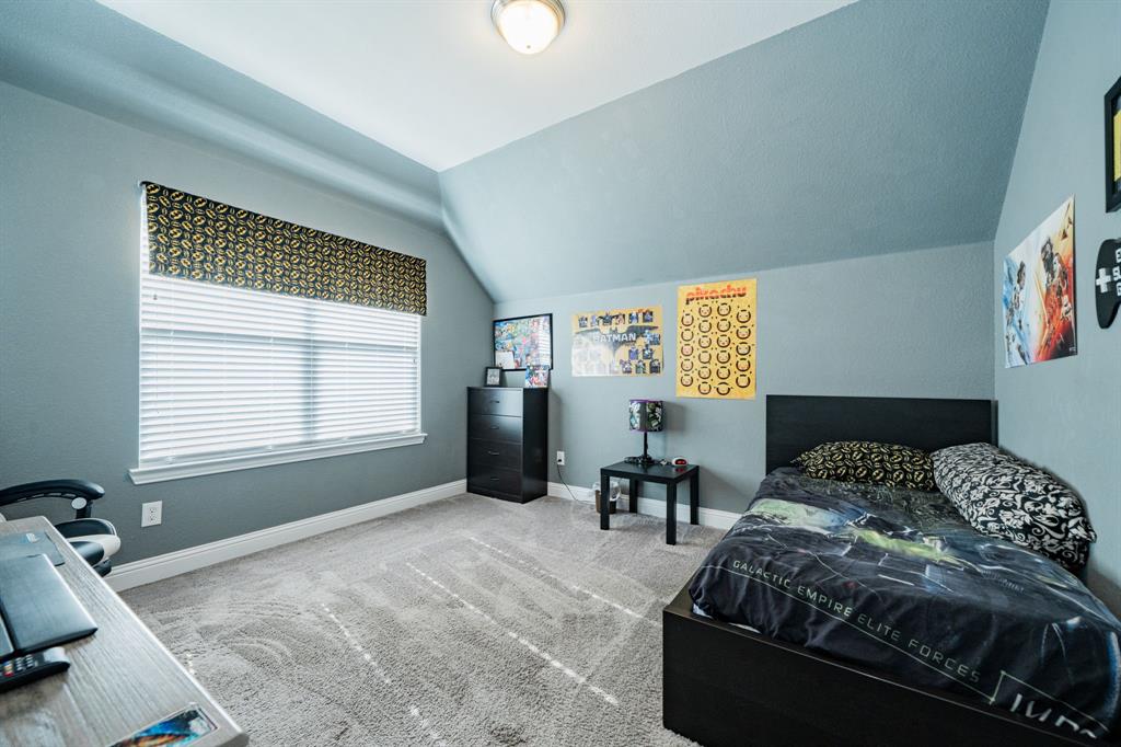 593 Spruce Trail Forney, TX 75126 - Photo 32 of 40 Bedroom with carpet floors and vaulted ceiling