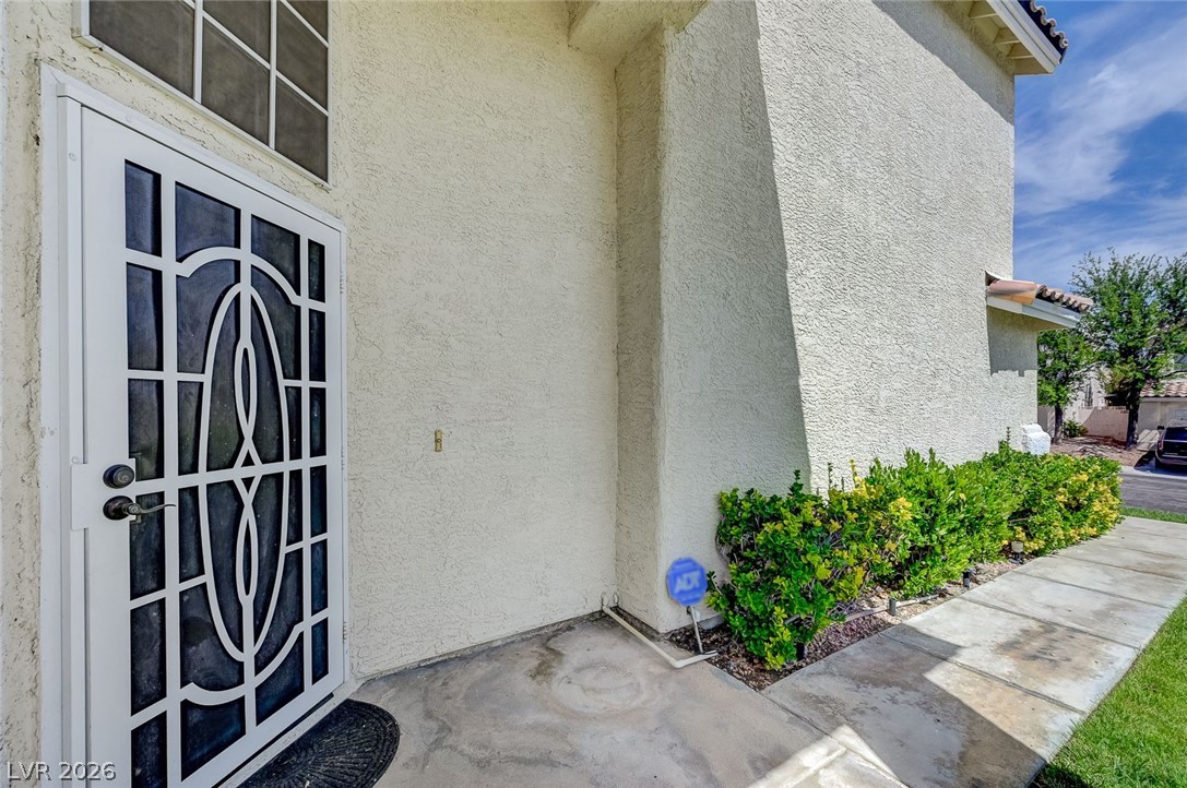 9301 Magic Flower Avenue Las Vegas, NV 89134 - Photo 6 of 70 The home's exterior features a security door and vibrant landscaping leading to the entrance.