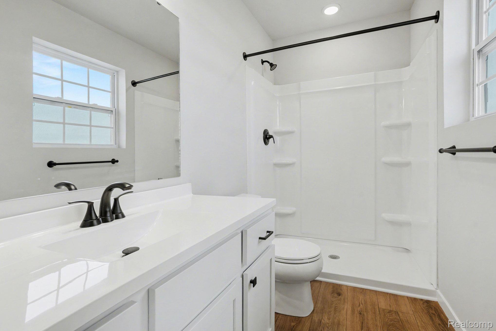1209 Lockes Street Howell, MI 48843 - Photo 18 of 27 Bathroom featuring vanity, a shower stall, and dark wood-style flooring