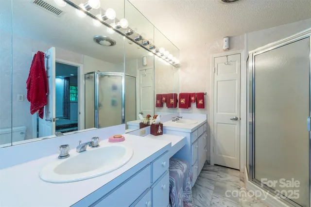 a bathroom with a sink vanity and a mirror