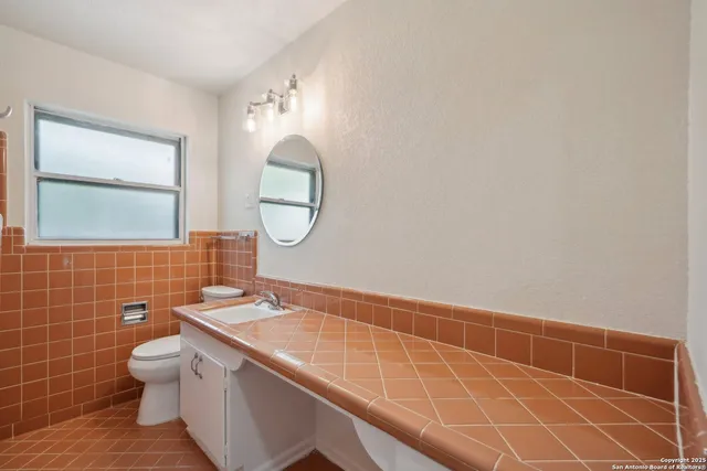 a bathroom with a sink a toilet and a mirror