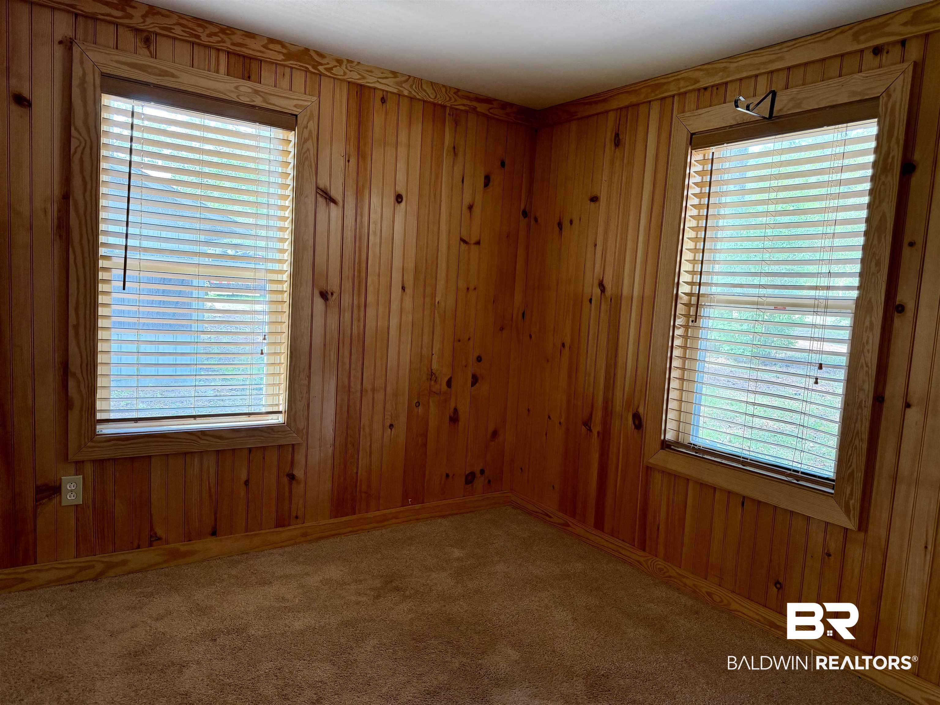 762 Buddy Lake Road Brewton, AL 36426 - Photo 10 of 20 Room showcasing natural wood paneling, two windows with blinds, and neutral-toned carpeting