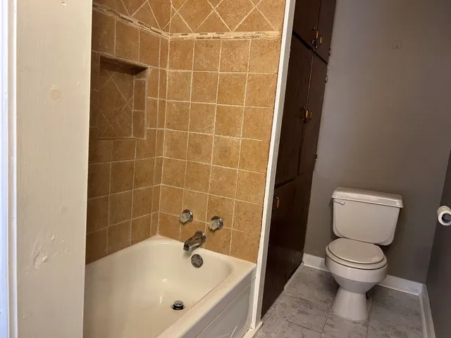 a bathroom with a bathtub and a toilet