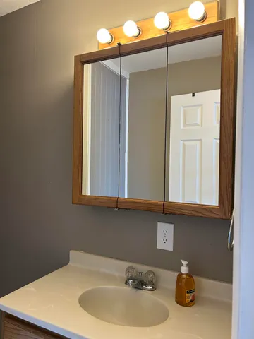 a bathroom with a sink and a mirror