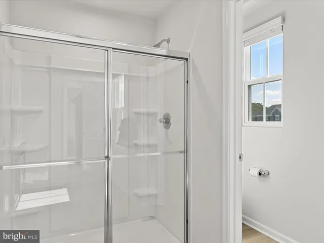 a bathroom with a double vanity sink a mirror and a shower