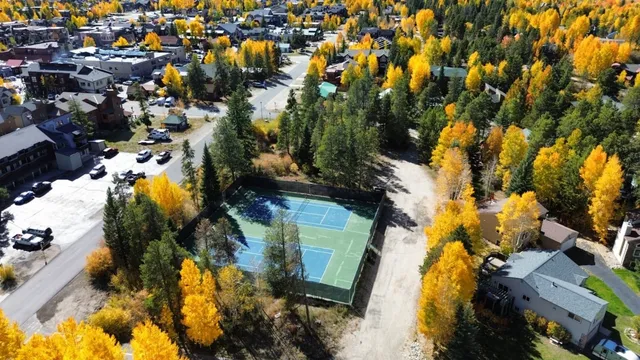 an aerial view of residential houses with outdoor space