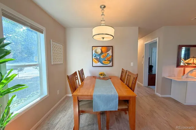 a view of a dining room with furniture window and wooden floor