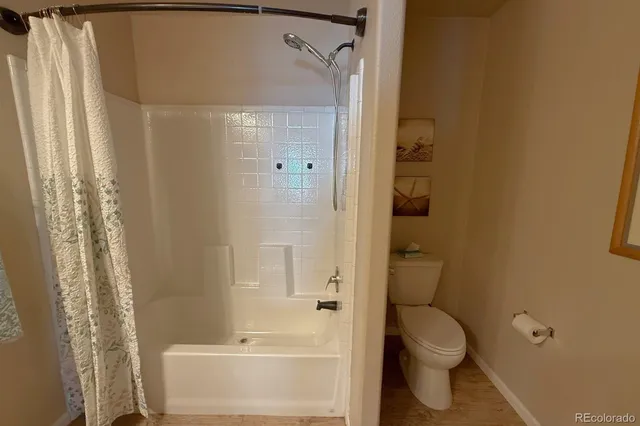 a bathroom with a shower and a toilet