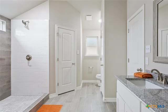 a bathroom with a granite countertop sink and a mirror