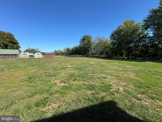 a view of a field with an trees in the background