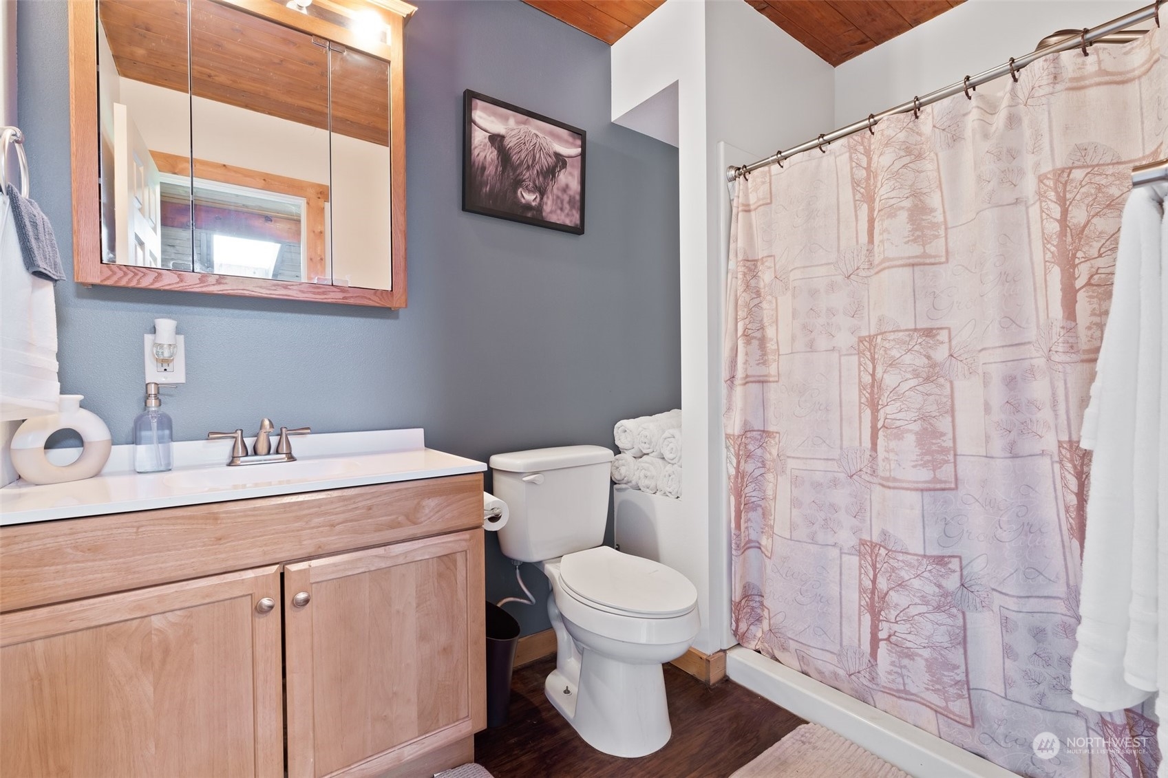 239 View Ridge Road Onalaska, WA 98570 - Photo 22 of 33 a bathroom with a toilet sink vanity and mirror