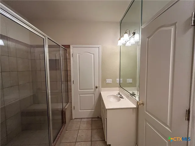 a bathroom with a shower a sink and mirror