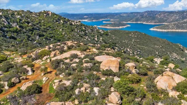 a view of a lake in middle of the town