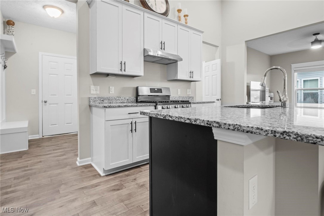 6824 Hatching Way North Ridgeville, OH 44039 - Photo 3 of 42 Kitchen with light hardwood / wood-style flooring, stainless steel range oven, light stone countertops, ceiling fan, and white cabinetry