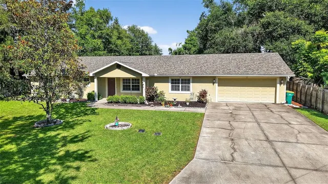 a front view of house with yard and green space