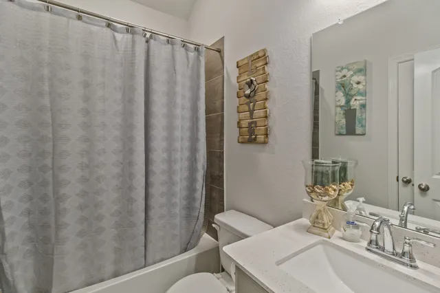 a bathroom with a sink a toilet and shower curtain