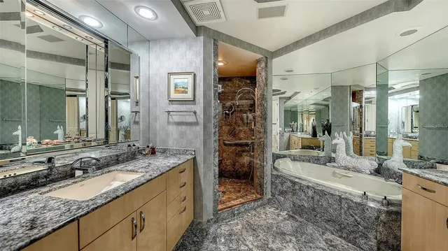 a spacious bathroom with a granite countertop sink mirror and shower