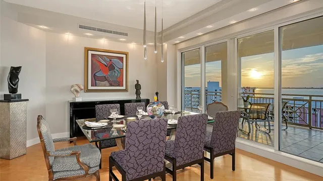 a view of a dining room with furniture window and outside view