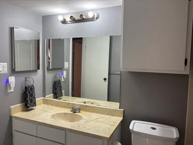 a bathroom with a sink vanity and a mirror