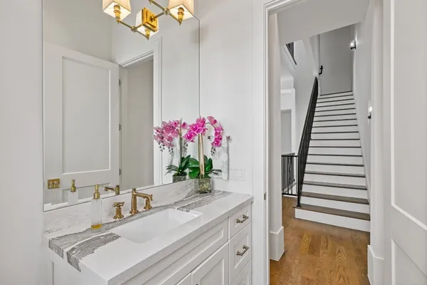 a view of bathroom with a potted plant on the counter