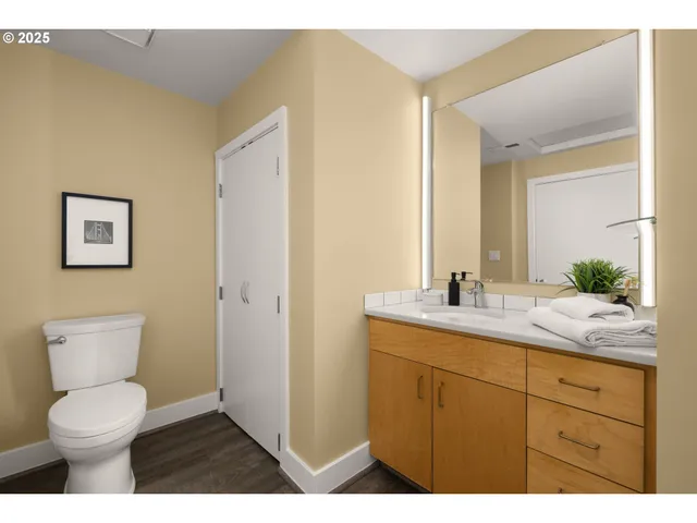 a bathroom with a toilet a sink a mirror and vanity