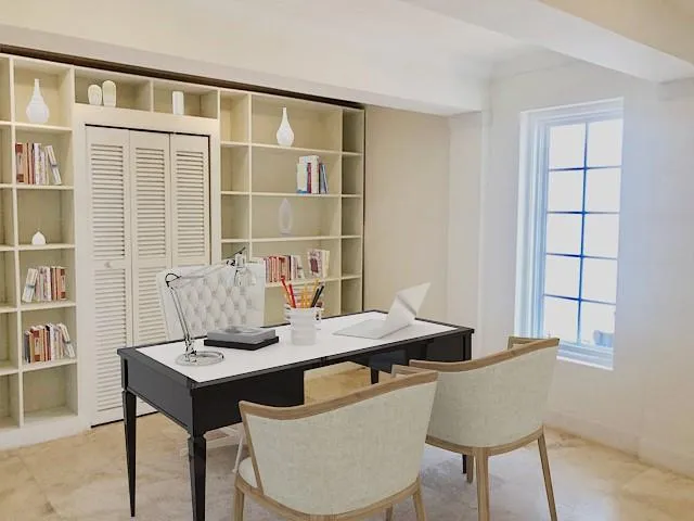 a dining room with furniture and window