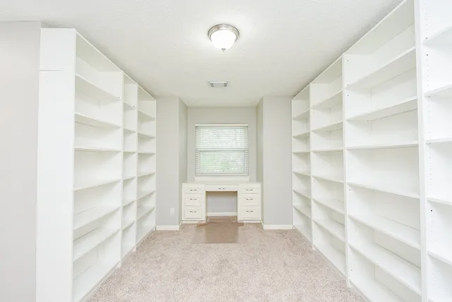 a view of a room with shelves and closet