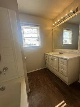 a view of a bathroom with double vanity sink a mirror and a shower