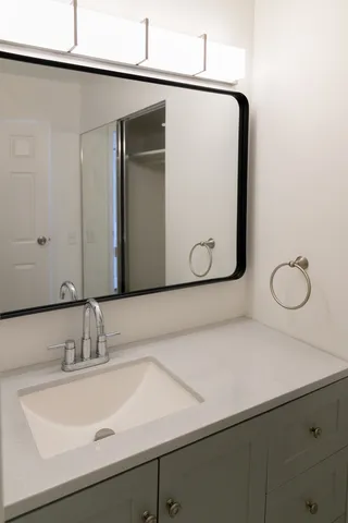 a bathroom with a sink and a mirror