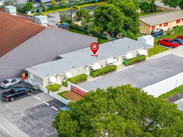 an outdoor space with furniture