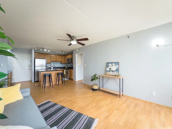 a living room with furniture and a table