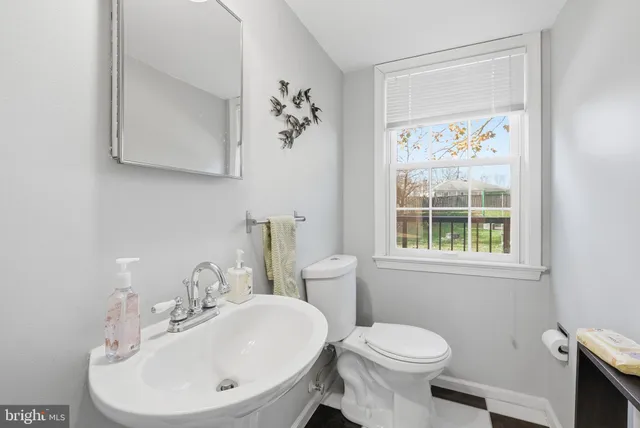 a bathroom with a sink a toilet and a mirror