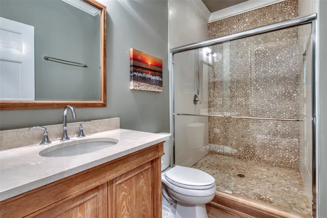 a bathroom with a sink a toilet and shower