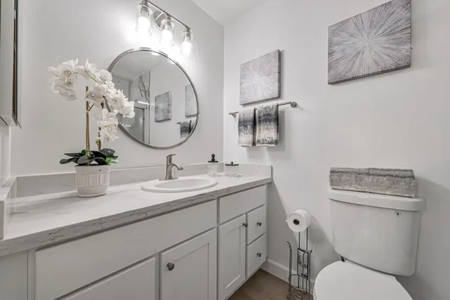 a bathroom with a granite countertop toilet a sink and a bathtub