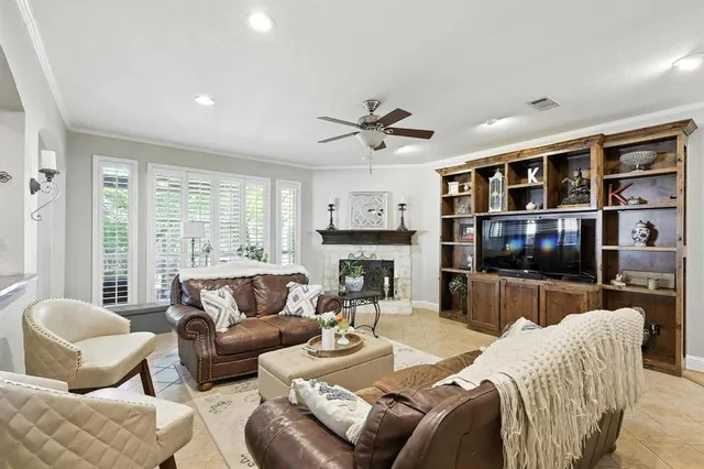 a living room with fireplace furniture and a flat screen tv