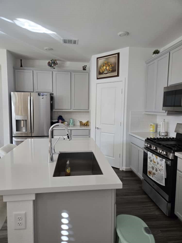 a kitchen with a sink a stove and refrigerator