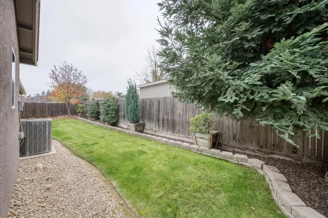 a view of a backyard with a tree