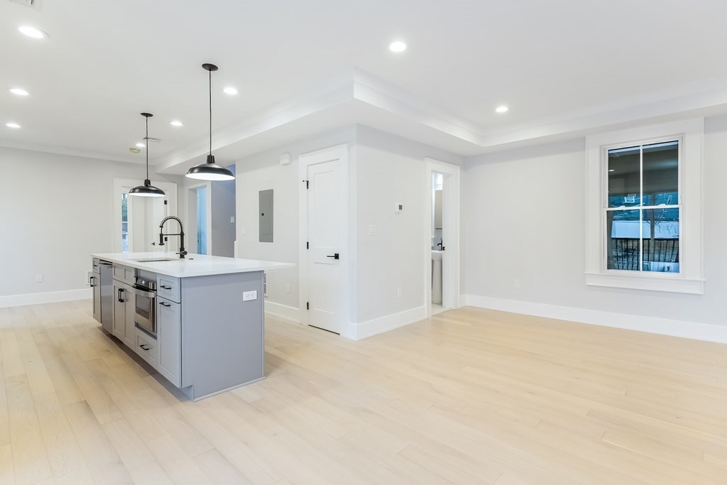 13 McKone Street, Unit 1 Boston, MA 02122 - Photo 5 of 36 a large kitchen with stainless steel appliances a large counter top a sink a refrigerator and a window