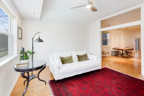 a living room with furniture and a potted plant