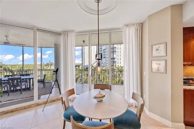 a view of a dining room with furniture window and outside view