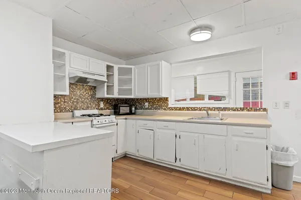 an aerial view of a building with outdoor space