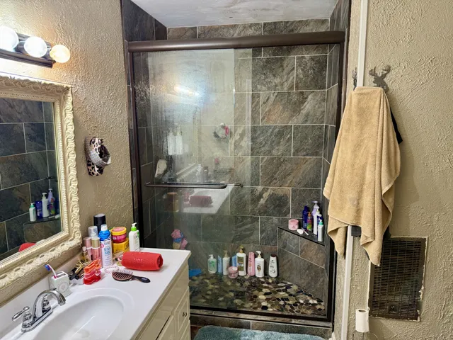 a bathroom with a bathtub